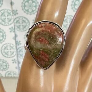 Unakite genuine gemstone ring adjustable silver overlay stamped 925 pear shape